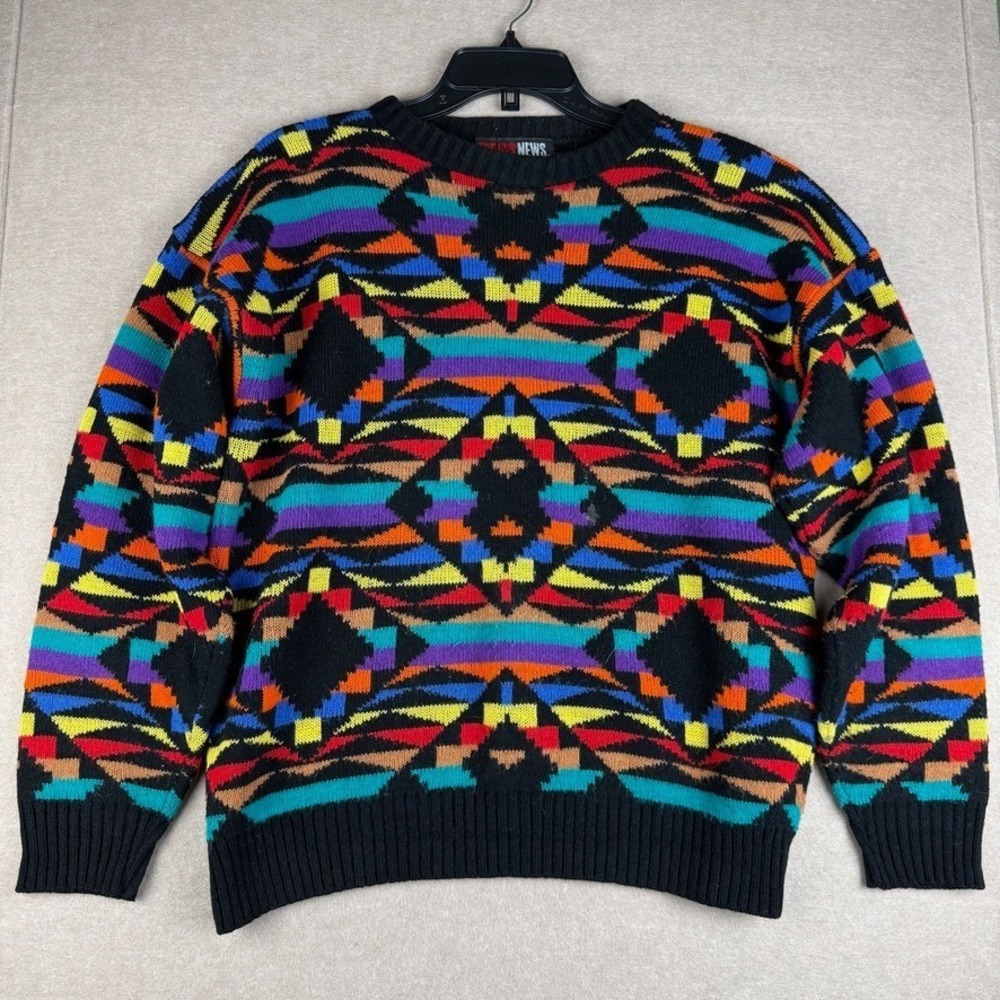Todays News Sweater Men's XL Black Aztec Tribal Geometric Knit Pullover Retro